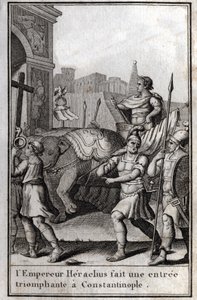 Héraclius Ier (Flavius Heraclius, Hérakleios (vers 575-610/641), empereur byzantin, fait une entrée triomphale à Constantinople. Il monte sur un char tiré par quatre éléphants et apporte devant lui la Vraie Croix (Sainte Croix) qui avait été prise