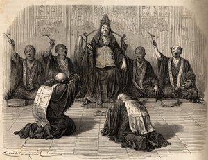 Grand prêtre bouddhiste adoré, entouré de ses disciples rythmant le rituel avec gong et cymbales. Gravure pour illustrer le voyage au Japon en 1863-1864, par Aimé Humbert, ministre de la Confédération suisse, dans « Le tour du monde, nouveau journal des vo - Unknown artist