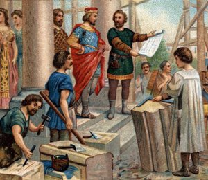 Épisodes historiques de villes célèbres : Clovis choisit Paris comme résidence permanente (en 508). Chromolithographie du 19ème siècle