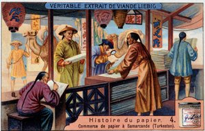 Histoire du Papier. 4. Commerce du papier à Samarcande (Turkestan). Chromolithographie Liebig - Unknown artist