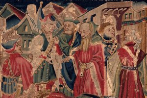 Histoire de Saint Piat et Saint Éleuthère, Scène 14 : La peste ravage la ville de Tournai (Tribuns voit sa fille retraire des chrétiens et elle atraire à sa loi dont la mort soudaine en fut bientôt aux païens prochaine). (détail)