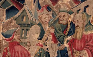 Histoire de Saint Piat et Saint Éleuthère, Scène 14 : La peste ravage la ville de Tournai (Tribuns voit sa fille retraire des chrétiens et elle atraire à sa loi dont la mort soudaine en fut bientôt aux païens prochaine). (détail)