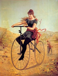 Histoire de la bicyclette : vélocipédiste ou une femme pédalant sur un vélo - Unknown artist