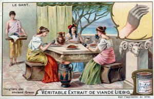 Histoire du gant : les doigts des anciens Grecs - Chromolithographie Liebig