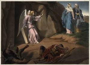 Saintes femmes visitant le Christ au tombeau. Gravure anonyme du 19ème siècle.