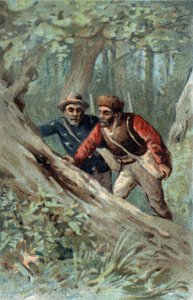 Chasseurs de miel au Canada cherchant un arbre à essaim. Chromolithographie de la fin du 19ème siècle.