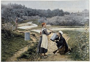 Chasseur et fille à la fontaine (Russie) - photographie, fin 19ème siècle