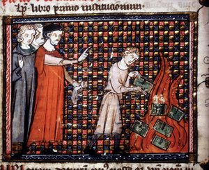 Iconoclastes jetant des manuscrits miniatures dans le feu. Manuscrit du XIVe siècle - Unknown artist