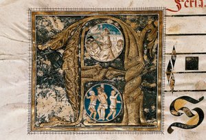 Lettre enluminée de la prédication de Jésus devant les apôtres et la flagellation, tirée d