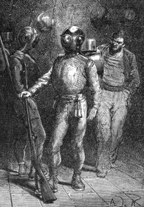 Illustration de "Vingt mille lieues sous les mers" de Jules Verne. Un marin du Nautilus portant le scaphandre Rouquayrol-Denayrouze. Gravure du 19e siècle