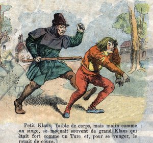 Illustration de la fin du XIXe siècle pour le conte de Hans Christian Andersen (1805-1875) « Grand Claus et Petit Claus » (Klaus). Collection privée.