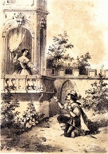 Illustration de la chanson « Le Roi a fait battre le tambour » : un homme déclarant son amour à une femme à sa fenêtre