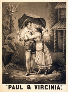 Illustration sur Paul et Virginie. Roman par Henri Bernardin de Saint Pierre (Saint-Pierre ou St-Pierre), écrivain français (1737-1814). Lithographie, vers 1880.