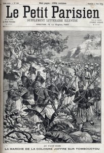 Dans les colonies françaises : la marche de la colonne du général Joseph Joffre (1852-1931) et son armée de spahis sur Tombouctou (Mali). Gravure dans « Le Parisien » - Unknown artist