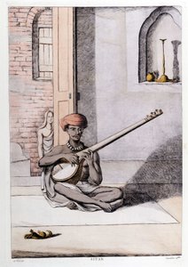 Culture et civilisation indienne : Musicien jouant du sitar, instrument de musique traditionnel, Inde. Gravure de 1808.