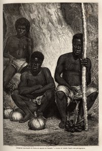 Marchand de fruits indigènes, sur le marché de Nouméa (Nouvelle-Calédonie). Gravure pour illustrer le voyage en Nouvelle-Calédonie de 1863 à 1866, par Jules Garnier, ingénieur civil des mines, dans « Le tour du monde, nouveau journal des voyages » publié s