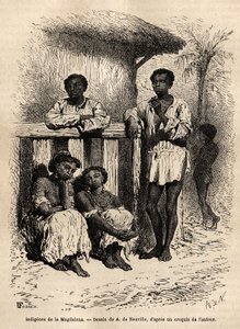 Indigènes de la Magdalena (rivières), dans les rues de la ville de Mompox (Colombie). Gravure pour illustrer le voyage en Nouvelle-Grenade, par le Dr Saffray, en 1869, publié dans « Le tour du monde » 1872, édité par Edouard Charton, édition Hachette