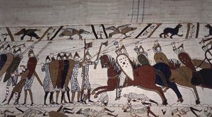 Intendant Wadard (à cheval) et les hommes de la troupe de Guillaume - Tapisserie de Bayeux, dite Broderie de la reine Mathilde
