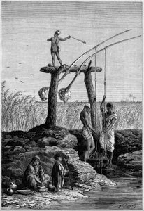 Irrigation en Égypte : chadoufs (ou shadoufs) sur les rives du Nil. Gravure dans "Le Monde Illustré" n°1313 du 27 mai 1882.