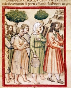 Isaac et sa famille souffrant de famine émigrent vers les terres du roi Abimelech. Miniature du codex 212 (ou padovano ou Bible de Padoue) 1390-1400 Rovigo, Accademia dei Concordi