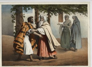 Jacob fuyant la vengeance de son frère Ésaü fut accueilli par Laban. Gravure anonyme du 19e siècle