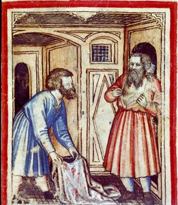 Jacob apprend la mort de son fils Joseph, vendu par ses frères aux Égyptiens. Miniature du codex 212 (ou padovano ou Bible de Padoue) 1390-1400