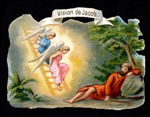 La vision de Jacob représentée par des anges descendant du ciel par une échelle. Chromolithographie du XIXe siècle