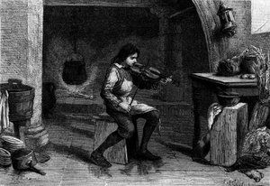 Jean-Baptiste Lully, enfant, jouant du violon dans la cuisine de Mademoiselle de Montpensier. Gravure