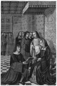 Jean Marot, poète (1463-1526), offrant un volume de poésie à la reine Anne de France. Gravure du 19ème siècle.