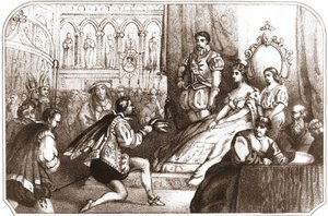 Jean Nicot présentant la plante de tabac à Catherine de Médicis et au Grand Prieur de la Maison de Lorraine. Lithographie du 16e siècle vers 1868