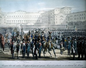 Joachim Murat (1767-1815), nommé maréchal de France et roi de Naples par Napoléon, passe en revue les troupes de la République cisalpine