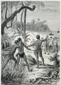 Voyage du Capitaine James Cook (1728-1779) en Nouvelle-Guinée : la première rencontre avec les indigènes, illustration tirée de « Les Grands Marins du 18ème siècle » - Unknown artist