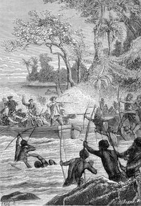 Voyage de Carteret dans les îles de Santa Cruz : Attaque des indigènes à coups de flèches - illustration tirée de « Les Grands Marins du 18ème siècle »