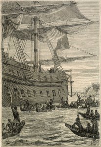 Voyage de Samuel Wallis (1728-1795) en Polynésie : indigènes tenant des branches de bananier en main comme salut de bienvenue - illustration de « Les grands marins du XVIIIe siècle »