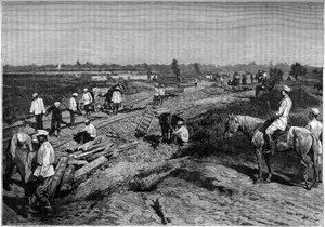 La pose des rails du chemin de fer Transcapien. Gravure dans le journal « La jeunesse » - Unknown artist