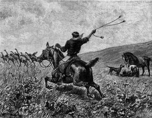 Lasso: chasse au casoar avec un lasso à balles. Gravure dans "Le Journal de la jeunesse"