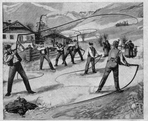 Les claqueurs du Salzkammergut - Salzkammergut : Plusieurs dimanches après le Nouvel An, les jeunes hommes de Salzbourg (Autriche) claquent des fouets pour réveiller la nature de son sommeil hivernal - gravure de 1897