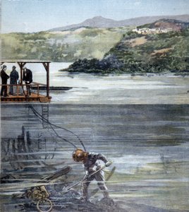 Le scaphandrier Paolo Pardi travaillant sur les bateaux romains dans le lac de Nemi avec le scaphandre Siebe en 1893
