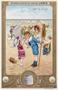 Carte Leibig représentant des enfants français sur la plage 1890