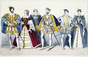 Les Valois : François Ier (1494-1547) et Claude de France (1499-1524), Catherine de Médicis (1519-1589) et Henri II (1519-1559), François II (1544-1560) et Marie Stuart (1542-1587) - Planche extraite de Rois et Reines de France en estampes, Paris, éd. Swif