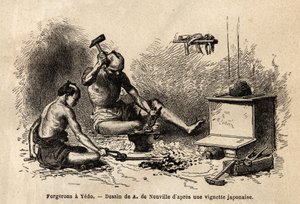 Les forgerons devant leur forge à Yedo (ou Edo, capitale impériale, actuelle Tokyo). Gravure pour illustrer le voyage au Japon, en 1863-1864, par Aimé Humbert, ministre de la Confédération suisse, dans « Le tour du monde, nouveau journal des voyages » publ - Unknown artist