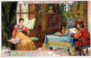 Chromolithographie Liebig sur la vie de Rembrandt (1606 - 1669), peintre néerlandais. Ici dessinant le portrait de sa jeune épouse Saskia en 1654 - Unknown artist