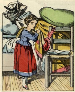 Le Petit Chaperon Rouge chez sa grand-mère. Illustration du conte « Le Petit Chaperon Rouge » de Charles Perrault