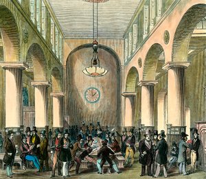 Bourse de Londres au 19e siècle. Gravure. Collection privée.