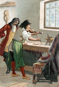 Luthier Stradivarius (Antonio Stradivari) (1644-1737) dans son atelier. Chromolithographie du 19ème siècle