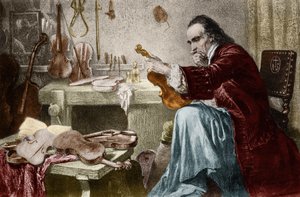 Luthier Stradivarius (Antonio Stradivari) (1644-1737) dans son atelier. Gravure par Hammann. Concepteur de violons Antonio Stradivari (Stradivarius) au travail