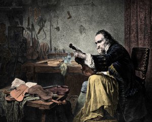 Luthier Stradivarius (Antonio Stradivari) (1644-1737) dans son atelier. Gravure de Hammann. Concepteur de violons Antonio Stradivari (Stradivarius) au travail - Unknown artist