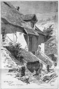 Maison de George Sand (Aurore Dupin, Baronne Dudevant) (1804-1876), écrivain française, à Gargilesse (Indre) sur les bords de la Creuse en France. Gravure dans "Le Monde Illustré"