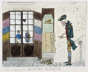 Homme sans sou devant la boutique de restauration - gravure - Unknown artist