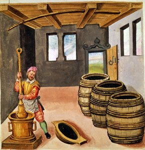 Fabrication de poudre noire - dans Manuale di pirotechnia, armeria e fortificazioni du 16ème siècle. - Unknown artist